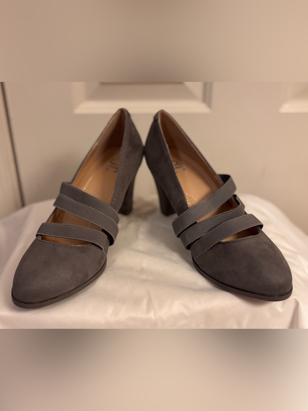 Journee Collection Gray Faux Suede Block Heels with Triple Elastic Straps